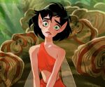  1girl bangs bare_shoulders biting black_hair bob_cut breasts commentary crop_top crysta_(ferngully) eyelashes fairy fairy_wings ferngully:_the_last_rainforest forest from_below green_eyes hair_between_eyes head_tilt highres jungle light_blush lip_biting lipstick looking_at_viewer makeup messy_hair midriff mushroom nature parted_lips peas_and_carrot perspective pointy_ears pov raised_eyebrows red_lips red_shirt red_skirt russian_commentary shirt short_hair single_strap skirt small_breasts solo thick_eyebrows tree upper_body v_arms wide-eyed wings 