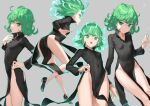  1girl absurdres ass bangs black_dress breasts closed_mouth collared_dress covered_navel curly_hair dress flipped_hair glowing green_eyes green_hair hand_on_hip highres kawakami_rokkaku long_sleeves looking_at_viewer one-punch_man open_mouth petite revision short_hair side_slit simple_background small_breasts smile tatsumaki thighs 