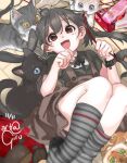  1girl :d animal bangs black_hair black_shirt cat fang girutea highres holding k-on! kneehighs long_hair looking_at_viewer lying nakano_azusa on_back open_mouth paw_pose pocky_day red_eyes shirt smile socks twintails 