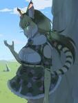  1girl animal_ears bare_shoulders belt breasts cat_ears cat_girl cat_tail cleavage elbow_gloves extra_ears gloves green_eyes grey_hair highres jungle_cat_(kemono_friends) kemono_friends kemono_friends_v_project long_hair microphone ribbon scarf shirt skirt solo suspenders tail twintails virtual_youtuber y0whqzz8bkslezl 