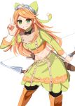  1girl bangs black_pantyhose boots bow bow_(weapon) commentary cowboy_shot crop_top etie_(fire_emblem) fire_emblem green_bow green_eyes green_shirt green_skirt grin hair_bow hand_up highres holding holding_bow_(weapon) holding_weapon kirby_lord leaning_forward long_hair long_sleeves looking_at_viewer midriff navel orange_hair pantyhose quiver shirt simple_background skirt skirt_set smile solo standing stomach thigh_boots tiara very_long_hair w weapon white_background 