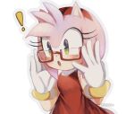  ! 1girl amy_rose animal_ears animal_nose artist_name bare_shoulders blush bracelet breasts commentary dress english_commentary eyelashes furry furry_female glasses gloves gold_bracelet green_eyes hairband hands_up hedgehog_ears hedgehog_girl jewelry looking_to_the_side medium_breasts open_mouth pink_fur red_dress red_hairband rellyia shadow sleeveless sleeveless_dress solo sonic_(series) tongue watermark white_gloves 