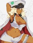  1girl arm_up armpits bandaged_arm bandages blonde_hair breasts cape cleavage clover dark-skinned_female dark_skin four-leaf_clover guilty_gear hat highres lips looking_at_viewer navel orange_eyes peaked_cap ramlethal_valentine short_shorts shorts solo sweat thick_thighs thighs white_cape white_shorts yoracrab 