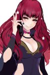  1girl absurdres bangs black_cape bodysuit breasts cape choker cleavage closed_mouth eyelashes facial_mark fire_emblem fire_emblem_engage hair_ornament hand_up high_collar highres jack_(kairuhaido) large_breasts long_hair looking_to_the_side pink_choker pink_hair purple_bodysuit red_eyes side_cutout simple_background sketch smile solo star_(symbol) star_facial_mark star_hair_ornament white_background yunaka_(fire_emblem) 