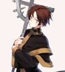  07-ghost 1boy black_jacket brown_hair closed_mouth frown gold_trim green_eyes holding holding_staff jacket long_sleeves looking_at_viewer male_focus meltnotmelt short_hair solo staff teito_klein white_background 