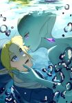  1boy 1girl air_bubble alternate_color blonde_hair blue_eyes blue_headwear breasts bubble fish_girl hat highres jimaku link medium_breasts open_mouth pointy_ears princess_ruto purple_eyes smile the_legend_of_zelda the_legend_of_zelda:_ocarina_of_time underwater zora 