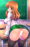  1girl anus ass black_thighhighs blush breasts censored chalkboard classroom clothes_lift covered_nipples desk girls_und_panzer green_skirt highres kamogawa_tanuki light_censor long_hair looking_at_viewer looking_back no_panties ooarai_school_uniform open_mouth orange_eyes orange_hair paid_reward_available pleated_skirt presenting pussy_juice school_uniform serafuku shirt sideboob skirt skirt_lift solo takebe_saori thighhighs white_shirt 