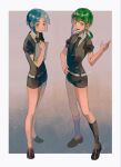  2others amobala androgynous bangs belt black_footwear blue_eyes blue_hair clipboard collared_shirt crystal_hair euclase_(houseki_no_kuni) feet_out_of_frame framed gem_uniform_(houseki_no_kuni) green_eyes green_hair grey_hair hair_rings head_out_of_frame highres holding holding_clipboard houseki_no_kuni jade_(houseki_no_kuni) kneehighs loafers looking_at_viewer low_twintails multicolored_hair multiple_others other_focus parted_bangs puffy_short_sleeves puffy_sleeves shirt shoes short_hair short_jumpsuit short_shorts short_sleeves shorts sidelocks smile socks twintails two-tone_hair white_belt white_shirt 