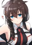  1girl absurdres ahoge bangs bare_shoulders blue_eyes blush braid breasts brown_hair closed_mouth dyson_(edaokunnsaikouya) hair_between_eyes hair_flaps hair_ornament heart heart-shaped_pupils highres kantai_collection large_breasts long_hair looking_at_viewer necktie pout red_necktie revision shigure_(kancolle) shigure_kai_san_(kancolle) simple_background single_braid solo symbol-shaped_pupils upper_body white_background 