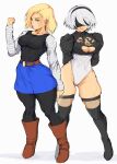  2girls android_18 bangs belt black_blindfold black_hairband black_pantyhose blindfold blonde_hair blue_eyes blue_skirt boots breasts brown_footwear cleavage cleavage_cutout clothing_cutout crossover dragon_ball dragon_ball_z hairband highleg highleg_leotard highres juliet_sleeves leotard lips long_sleeves mole mole_under_mouth multiple_girls nier_(series) nier_automata pantyhose puffy_sleeves shirt short_hair skirt smile thick_thighs thighhighs thighs white_hair yoracrab yorha_no._2_type_b 
