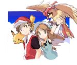  1boy 1girl :d bangs baseball_cap brown_eyes brown_hair closed_mouth commentary green_shirt hat jacket leaf_(pokemon) lillin long_hair on_shoulder open_mouth pidgeotto pikachu pokemon pokemon_(creature) pokemon_(game) pokemon_frlg pokemon_on_shoulder red_(pokemon) red_headwear red_jacket shirt short_hair short_sleeves sleeveless sleeveless_jacket sleeveless_shirt smile t-shirt white_headwear wristband 