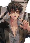 1boy bangs black_coat black_hair black_straps buttons candy cigarette coat collared_shirt commentary cross food hair_between_eyes holding holding_cigarette kadeart lollipop looking_at_viewer male_focus nicholas_d._wolfwood open_clothes open_coat open_mouth shirt short_hair simple_background solo strap sunglasses trigun trigun_stampede twitter_username white_background white_shirt 