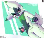  absurd_res ambiguous_gender anthro blush floragato fur generation_9_pokemon green_body green_fur half-closed_eyes hi_res narrowed_eyes nintendo open_mouth pokemon pokemon_(species) red_eyes senz simple_background solo standing text url yo-yo 