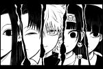  1other 4boys alluka_zoldyck bangs bk_n_wh blunt_bangs bob_cut border brothers closed_mouth commentary eye_focus frown greyscale hairband half-closed_eyes highres hunter_x_hunter illumi_zoldyck kalluto_zoldyck killua_zoldyck looking_at_viewer looking_away male_focus milluki_zoldyck mole mole_under_mouth monochrome multiple_boys otoko_no_ko parted_bangs portrait short_hair siblings sidelocks sideways_glance smile twitter_username 