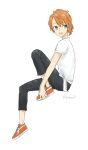  1girl artist_name bangs black_pants brown_eyes commentary_request edamoto_haru full_body highres invisible_chair knee_up medium_hair nyamo open_mouth orange_hair pants shirt sitting solo white_background white_shirt yagate_kimi_ni_naru yagate_kimi_ni_naru:_saeki_sayaka_ni_tsuite 