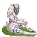  1:1 anthro blue_eyes bovid breasts caprine cooliehigh female goat grass hi_res kindred_(lol) league_of_legends looking_at_viewer mammal plant riot_games simple_background sitting solo white_background white_body 