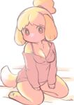  3_fingers 3_toes animal_crossing anthro big_breasts bottomless breasts canid canine canis chest_tuft cleavage clothed clothing digital_media_(artwork) domestic_dog feet female fingers fur hair isabelle_(animal_crossing) looking_at_viewer mammal nintendo pawpads pink_clothing pink_sweater pink_topwear shih_tzu simple_background sitting solo sweater tail toes topwear toy_dog tuft yellow_body yellow_fur yokikana_yk 
