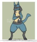  2023 anthro black_body blue_body blue_fur digital_drawing_(artwork) digital_media_(artwork) fur generation_4_pokemon hi_res looking_at_viewer lucario male malekart nintendo pokemon pokemon_(species) red_eyes signature simple_background sketch solo standing 