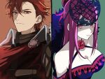 1boy 1girl absurdres armor bangs bare_shoulders blush breasts cleavage dark_red_hair diamant_(fire_emblem) dress elbow_gloves fire_emblem fire_emblem_engage flower gloves hair_ornament highres illust_mi ivy_(fire_emblem) jewelry large_breasts long_hair mole mole_under_mouth multicolored_hair purple_eyes purple_hair red_eyes red_hair rose short_hair two-tone_hair white_gloves 