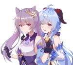  2girls ;d black_gloves blue_hair blue_sleeves closed_mouth cone_hair_bun detached_sleeves ganyu_(genshin_impact) genshin_impact gloves hair_bun hair_ornament highres horns ironmarch keqing_(genshin_impact) long_hair long_sleeves multiple_girls neck_tassel one_eye_closed open_mouth ponytail purple_eyes purple_hair red_eyes simple_background smile twintails upper_body white_background white_sleeves yuri 