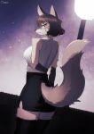  2023 anthro blush breasts canid canine clothed clothing cute_fangs female fox fox_tail fur hair hi_res lamp leggings legwear looking_at_viewer mammal multicolored_body multicolored_fur office omeki outside shirt solo standing street_lamp thick_thighs topwear 