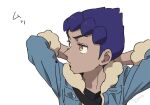  1boy arms_behind_head black_shirt blue_jacket bright_pupils closed_mouth dark-skinned_male dark_skin fur-trimmed_jacket fur_trim hop_(pokemon) jacket looking_to_the_side male_focus open_clothes open_jacket pokemon pokemon_(game) pokemon_swsh purple_hair sankaku shirt short_hair simple_background sleeves_past_elbows solo upper_body white_background white_pupils yellow_eyes 