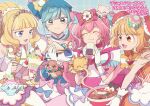  4girls aqua_eyes blonde_hair blue_eyes blue_hair bow brooch cone_hair_bun cure_finale cure_precious cure_spicy cure_yum-yum delicious_party_precure earrings eating food fuwa_kokone gloves hair_bun hanamichi_ran heart_brooch highres jewelry kasai_amane kome-kome_(precure) mem-mem_(precure) multiple_girls nagomi_yui noodles onigiri orange_eyes pam-pam_(precure) parfait parfait_recipipi pink_hair precure ramen sandwich side_ponytail smile white_gloves wide_ponytail yui_ko 