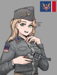  1girl bird blonde_hair breasts bursting_breasts cleavage close-up eagle green_eyes grey_background grey_headwear grey_shirt gun handgun hearts_of_iron highres holding holding_gun holding_weapon kaiserreich medium_hair military military_uniform patch pzkpfwi revolver shirt smile teeth uniform weapon 