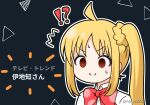  !? &gt;:) 1girl ^^^ ahoge bangs black_background blonde_hair bocchi_the_rock! bow braid closed_mouth collared_shirt commentary ijichi_nijika long_hair mitya notice_lines outline parted_bangs red_bow red_eyes shirt side_ponytail simple_background smile solo sweat translated twitter twitter_username v-shaped_eyebrows white_outline white_shirt 