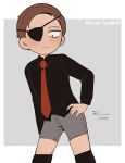  1boy artist_name black_shirt brown_hair collared_shirt commentary commentary_request cowboy_shot craigt_love9019 evil_morty eyepatch formal hand_on_hip highres male_focus morty_smith necktie one_eye_covered red_necktie rick_and_morty shirt short_hair shorts simple_background smile solo suit translation_request white_background 