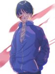  1boy aged_down black_hair blood blood_on_face blue_jacket hands_in_pockets highres hunter_x_hunter illumi_zoldyck jacket long_sleeves looking_at_viewer male_focus purple_eyes short_hair solo thicopoyo upper_body white_background 