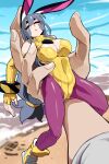  1girl absurdres animal_ears beach blue_hair bongfill breasts cleavage day gloves grey_hair highres large_breasts leotard long_hair minigirl original pantyhose purple_eyes rabbit_ears rabbit_girl shore tank_(bongfill) water white_gloves 