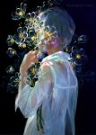  black_background blue_hair closed_mouth commentary english_commentary flower hand_up highres holding holding_flower long_sleeves looking_at_viewer looking_to_the_side original see-through shirt simple_background solo transparent upper_body watermark web_address white_shirt yuumei 
