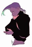  1boy b_exjo2 black_sweater braid braided_ponytail closed_mouth cropped_torso freckles from_side green_hair hand_on_own_cheek hand_on_own_face hand_up jojo_no_kimyou_na_bouken long_sleeves looking_at_viewer male_focus midriff multicolored_hair navel profile purple_hair sideways_glance signature simple_background single_braid solo streaked_hair sweater turtleneck turtleneck_sweater upper_body vinegar_doppio white_background 