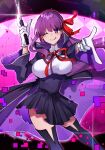  1girl bangs bb_(fate) bb_(fate/extra) bow breasts closed_mouth fate/extra fate/extra_ccc fate_(series) gloves highres katsuobushi_(eba_games) large_breasts licking_lips long_hair looking_at_viewer one_eye_closed purple_background purple_eyes purple_hair purple_skirt shirt skirt smile solo tongue tongue_out very_long_hair white_gloves white_shirt 