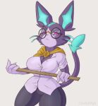  anthro big_breasts breasts clothed clothing cooliehigh female grey_background hi_res holding_object league_of_legends looking_at_viewer purple_body red_eyes riot_games simple_background solo thick_thighs yuumi_(lol) 