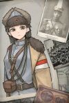  1boy 1girl :&lt; absurdres belt black_belt black_hair blue_jacket brown_eyes closed_mouth fengtian hat hearts_of_iron highres jacket kaiserreich looking_at_viewer military military_hat military_uniform pouch pzkpfwi short_hair star_(symbol) uniform 