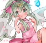  1girl bangs blush closed_mouth delaware3850 dragon_wings dragonstone dress fire_emblem fire_emblem:_mystery_of_the_emblem furrowed_brow gem green_eyes grey_wings hair_between_eyes hair_ribbon hands_up highres light_green_hair long_hair multicolored_wings petals pink_dress pink_ribbon pink_sash pink_scarf pointy_ears ponytail red_gemstone ribbon sash scarf solo tiki_(fire_emblem) tiki_(young)_(fire_emblem) two-tone_wings white_wings wings 
