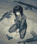 1girl anti-materiel_rifle arm_support assault_rifle bangs barrett_m82 collared_shirt daewoo_k2 formal freckles from_above frown full_body gun handgun hands_on_floor hatohara_mirai highres jacket long_sleeves looking_at_viewer looking_up m16 m16a4 monochrome necktie nishi2023 on_floor pants rifle shirt shoe_soles shoes short_hair sitting sniper_rifle solo suit tokarev_tt-33 vest wariza weapon world_trigger 