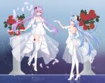  2girls absurdres backless_dress backless_outfit bangs blue_hair bow breasts chinese_commentary cleavage dress floating_hair flower full_body ganyu_(genshin_impact) garter_straps genshin_impact gloves hair_between_eyes hair_flower hair_ornament high_heels highres horns ironmarch keqing_(genshin_impact) layered_dress long_hair medium_breasts multiple_girls pleated_dress purple_bow purple_hair red_eyes red_flower red_rose rose short_dress shoulder_blades sleeveless sleeveless_dress sparkle standing thighhighs twintails very_long_hair wedding_dress white_dress white_flower white_gloves white_thighhighs 