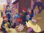  3boys 4girls adaman_(pokemon) akari_(pokemon) anklet arezu_(pokemon) beanie black_footwear black_hair blonde_hair blue_coat blue_hair boots brown_vest building buttons coat collar cowlick crossed_arms cyllene_(pokemon) day earrings furukawa_raku glaceon grey_headwear hat head_scarf highres hisuian_typhlosion holding holding_pokemon irida_(pokemon) jacket jewelry knees laventon_(pokemon) leafeon logo long_hair loose_socks multiple_boys multiple_girls on_lap one_knee open_clothes open_coat oshawott outdoors pants pantyhose parted_lips pokemon pokemon_(creature) pokemon_(game) pokemon_legends:_arceus pokemon_on_lap ponytail purple_headwear red_hair rei_(pokemon) rowlet scarf shirt shoes short_hair shorts sitting skirt smile socks strapless strapless_shirt vest white_shorts 