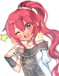  1girl anna_(fire_emblem) bangs bare_shoulders blush delaware3850 fire_emblem fire_emblem:_three_houses hair_between_eyes hand_up long_hair off_shoulder one_eye_closed open_mouth pink_eyes pink_hair ponytail round_teeth sidelocks simple_background solo star_(symbol) tassel teeth upper_teeth_only wavy_hair white_background 
