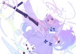  1girl absurdres angel_wings bangs black_scrunchie blue_archive blue_bow blue_bowtie bow bowtie breasts capelet dress finger_on_trigger frilled_dress frills gun halo highres holding holding_gun holding_weapon lanchester_smg light_particles long_hair looking_at_viewer medium_breasts mika_(blue_archive) outstretched_arms scrunchie sleeveless sleeveless_dress solo submachine_gun weapon white_background white_capelet white_dress white_hair white_wings wings wrist_scrunchie yakousei_a yellow_eyes 