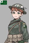  1girl ace_of_spades bandaged_head bandages bandaid bandaid_on_face belt_pouch brown_hair close-up flag green_eyes grey_background hearts_of_iron helmet highres jewelry kaiserreich looking_at_viewer military military_uniform necklace patch pearl_necklace pouch pzkpfwi sketch smile spade_(shape) tree turtleneck uniform 