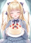 1girl :d ^_^ backlighting bangs black_bow blonde_hair blush bow cake closed_eyes commentary_request curtains dress facing_viewer food fruit grey_dress hair_bow highres holding holding_plate kohinata_hoshimi long_hair original plate smile solo strawberry sunlight very_long_hair window 