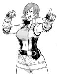  1girl absurdres bangs bare_shoulders bb_(baalbuddy) belt breasts commentary elbow_pads english_commentary fingerless_gloves gloves highres jacket kazama_asuka large_breasts looking_at_viewer monochrome navel open_clothes open_jacket open_mouth pointing pointing_at_viewer short_hair simple_background solo strapless tekken tekken_5 tomboy tube_top upper_body white_background 