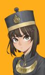  1girl absurdres brown_eyes brown_hair closed_mouth grey_jacket hair_ornament hairclip hat highres jacket looking_at_viewer military military_police military_uniform original pzkpfwi simple_background soldier solo thailand uniform upper_body yellow_background 
