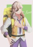  1boy absurdres arven_(pokemon) backpack bag bangs belt brown_hair character_name collared_shirt commentary_request eyelashes green_eyes grin hair_over_one_eye highres long_hair looking_at_viewer male_focus necktie open_clothes open_vest pants pokemon pokemon_(game) pokemon_sv purple_necktie purple_pants school_uniform shirt sleeves_past_elbows smile solo teeth uva_academy_school_uniform vest weiss_9610 yellow_bag yellow_vest 