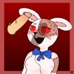  1:1 anthro blush bodily_fluids bow_tie breasts clothing disembodied_penis duo elponda female five_nights_at_freddy&#039;s five_nights_at_freddy&#039;s:_security_breach gen genitals glamrock_freddy_(fnaf) hi_res lagomorph leporid looking_up male male/female mammal open_mouth patch_(fabric) penis penis_shadow rabbit red_eyes scottgames seam_(sewing) smile surprised_expression sweat vanny_(fnaf) vein veiny_penis whiskers white_body 