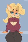 2023 activision anthro bandicoot big_breasts black_nose blonde_hair blue_eyes bottomwear breasts cleavage cleavage_cutout clothed clothing coco_bandicoot cooliehigh crash_bandicoot_(series) denim denim_clothing eyebrows eyelashes female fully_clothed grey_background hair half-closed_eyes hi_res jeans long_hair looking_at_viewer mammal marsupial narrowed_eyes pants simple_background small_waist smile solo sweater thick_thighs thigh_gap topwear wide_hips 